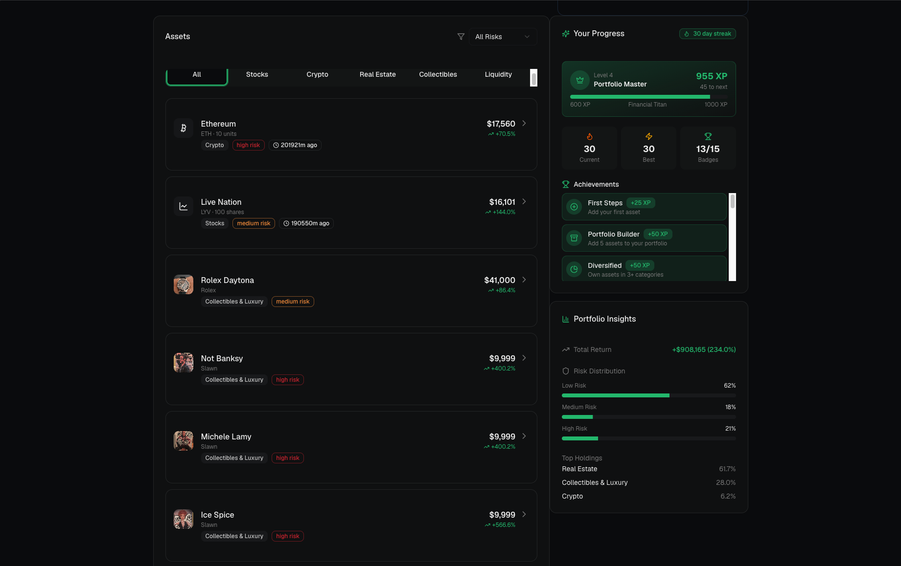 Aura Wealth assets list with risk tags, XP progress, streaks and portfolio insights