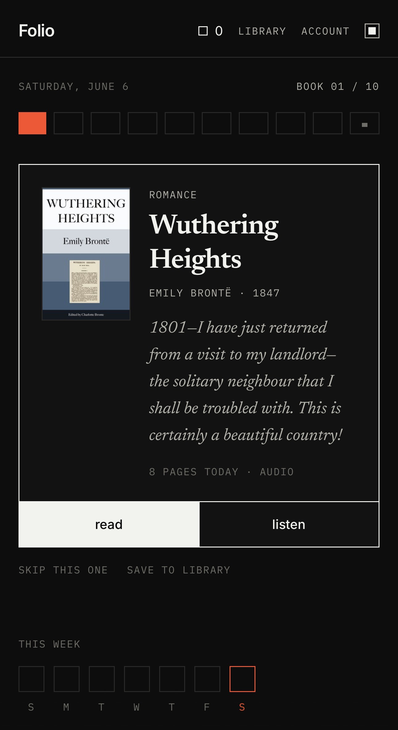 Folio home screen. Wuthering Heights, book one of ten, with read and listen buttons