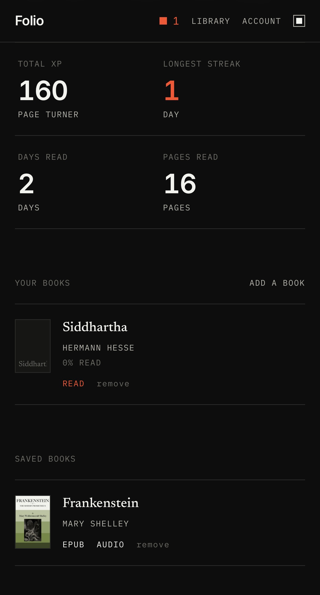 Folio stats. Total XP, longest streak, days and pages read, saved books
