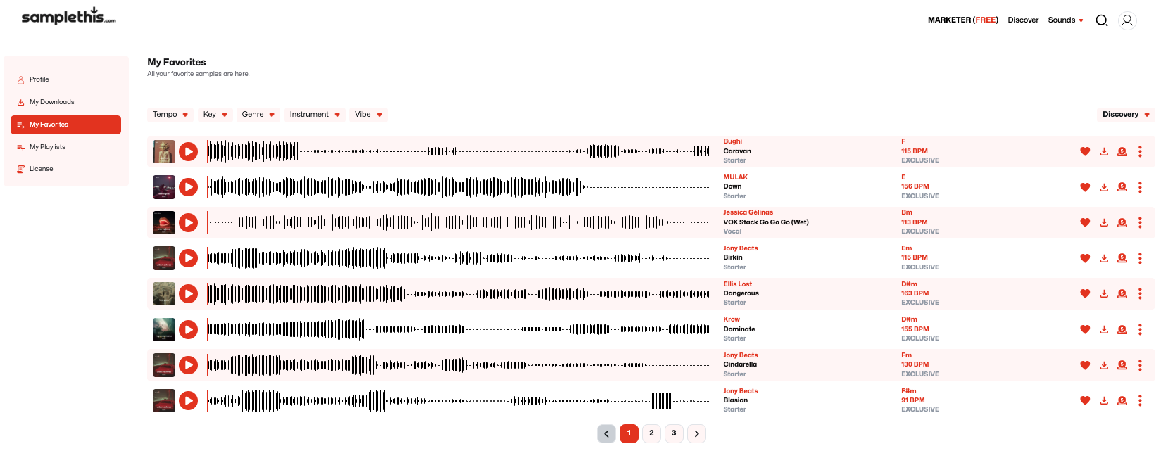 Sample This favorites library with waveforms, keys and BPM